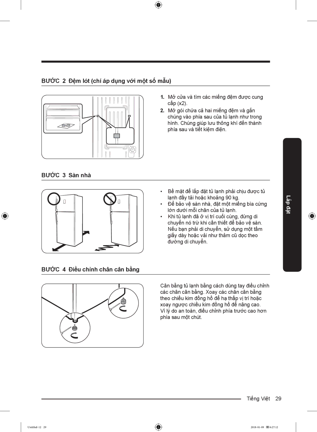 Samsung RT38K5982DX/SV manual BƯỚC 2 Đệm lót chí áp dụng với một số mẫu, BƯỚC 3 Sàn nhà, BƯỚC 4 Điều chỉnh chân cân bằng 